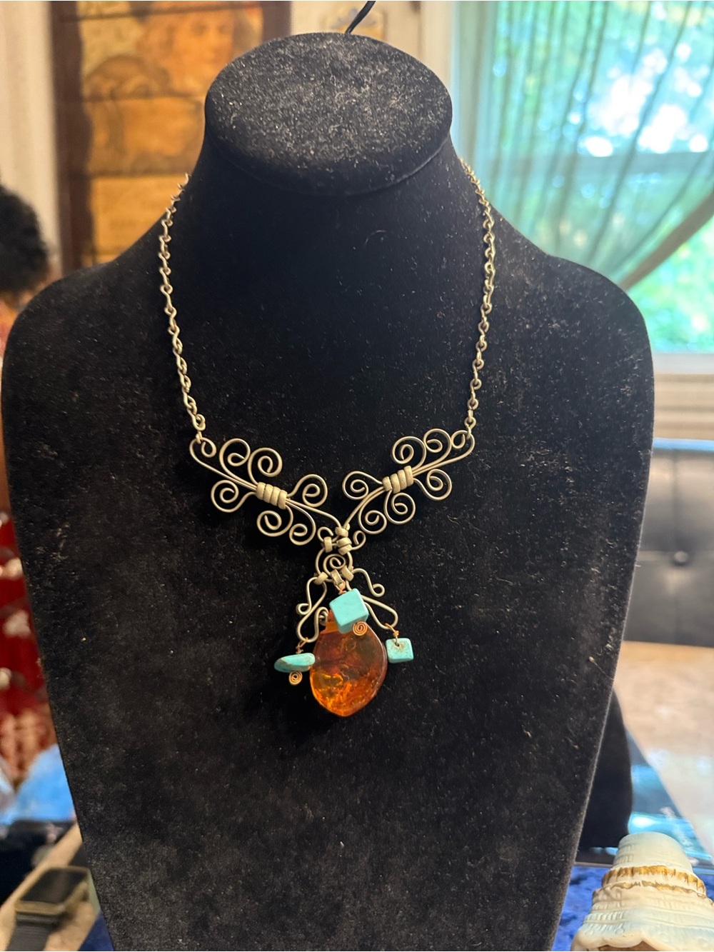 Artisan created, pewter abstract necklace with genuine amber and turquoise stone